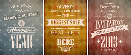 Christmas vintage set - retro greeting cards. Vector illustration. Stock Photo - Budget Royalty-Free & Subscription, Code: 400-06428802