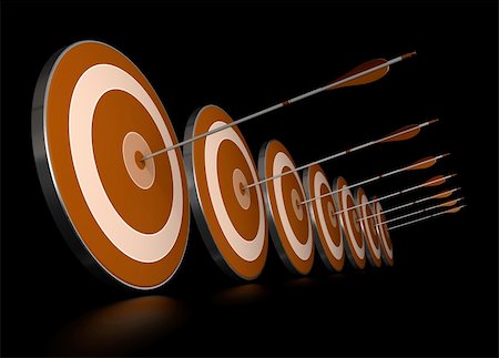 many orange targets in a row plus seven arrows, each arrows hit the center of one target, image over black background, Stock Photo - Budget Royalty-Free & Subscription, Code: 400-06429108