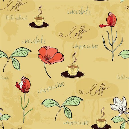 repetitive service - Vector seamless pattern with a cup of coffee and flowers Stock Photo - Budget Royalty-Free & Subscription, Code: 400-06429387