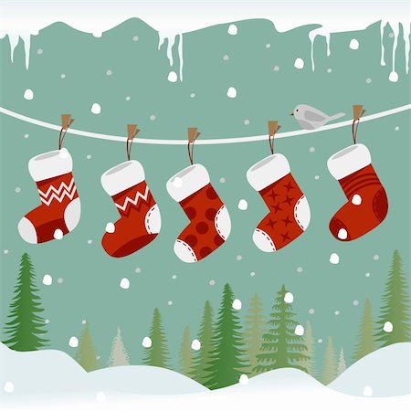 Five red christmas socks on the rope with little bird. Fotografie stock - Microstock e Abbonamento, Codice: 400-06429460