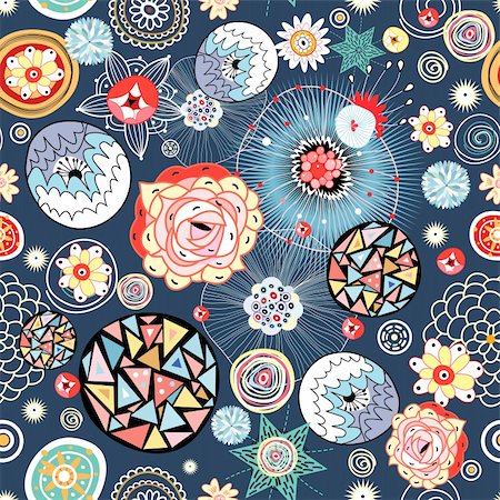 simsearch:400-06694586,k - seamless colorful abstract pattern on a blue background with flowers and circles Foto de stock - Super Valor sin royalties y Suscripción, Código: 400-06429508