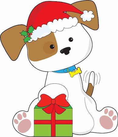 simsearch:400-05742476,k - Un chiot mignon coiffé d'un chapeau de Santa, se trouve un cadeau de Noël enveloppé avec la queue qui remue en prévision. Photographie de stock - Aubaine LD & Abonnement, Code: 400-06429524