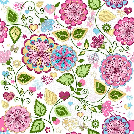 Seamless valentine pattern with colorful flowers and butterflies and hearts (vector) Stock Photo - Budget Royalty-Free & Subscription, Code: 400-06429589