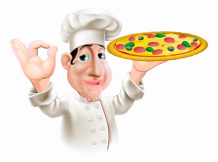 A happy Italian pizza chef doing an okay gesture and holding a tasty pizza. Stock Photo - Budget Royalty-Free & Subscription, Code: 400-06429621