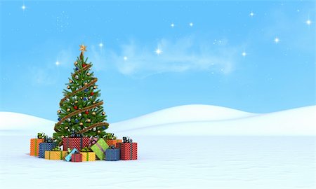 christmas tree with colorful gifts on snow - rendering Stock Photo - Budget Royalty-Free & Subscription, Code: 400-06429808