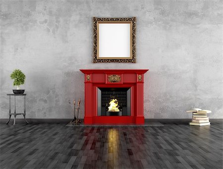 simsearch:400-06107722,k - vintage room with red classic fireplace - rendering Stock Photo - Budget Royalty-Free & Subscription, Code: 400-06429816