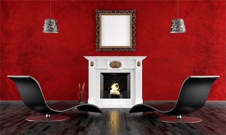 simsearch:400-06107722,k - black and red vintage room with classic fireplace and contemporari armchair - rendering Stock Photo - Budget Royalty-Free & Subscription, Code: 400-06429817