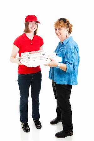 simsearch:400-06333337,k - Livreuse Teenage apporte pizza à un client. Tout le corps isolé sur fond blanc. Photographie de stock - Aubaine LD & Abonnement, Code: 400-06420502