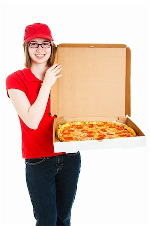simsearch:400-06333337,k - Livreuse pizza jolie exhibant une délicieuse pizza au pepperoni à la recherche. Isolé sur fond blanc. Photographie de stock - Aubaine LD & Abonnement, Code: 400-06420503
