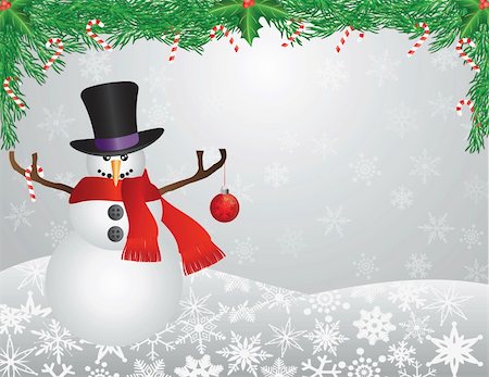 simsearch:400-07217469,k - Snowman with Scarf Top Hat Christmas Ornament with and Garland with Candy Cane on Snowflakes Background Illustration Fotografie stock - Microstock e Abbonamento, Codice: 400-06420563