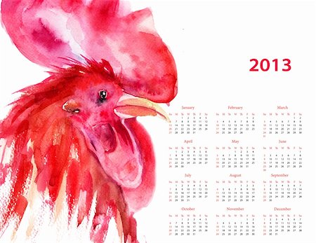 simsearch:400-06525548,k - Watercolor illustration of Rooster, calendar 2013 Foto de stock - Super Valor sin royalties y Suscripción, Código: 400-06420620