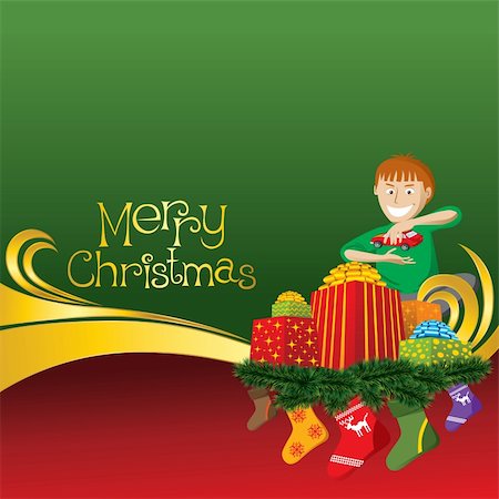 simsearch:400-06421347,k - 2012 Vektor Weihnachtskarte mit Boy, Geschenke und Socken Stockbilder - Microstock & Abonnement, Bildnummer: 400-06420944