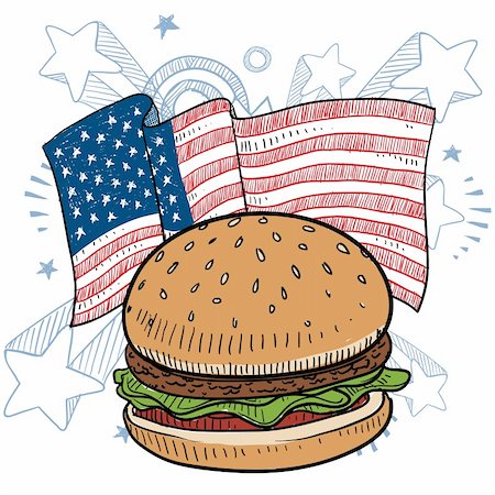 Doodle style hamburger with bun and condiments in front of a colorful American flag sketch in vector format Fotografie stock - Microstock e Abbonamento, Codice: 400-06421011