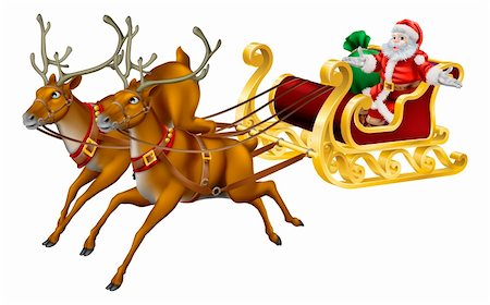 reindeer clip art - Illustration of Santa in his Christmas sled being pulled by reindeer Stock Photo - Budget Royalty-Free & Subscription, Code: 400-06421133