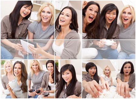 Three beautiful interracial young women friends at home having fun playing video games, drinking, eating popcorn and using a tablet computer together laughing and celebrating Stock Photo - Budget Royalty-Free & Subscription, Code: 400-06421505