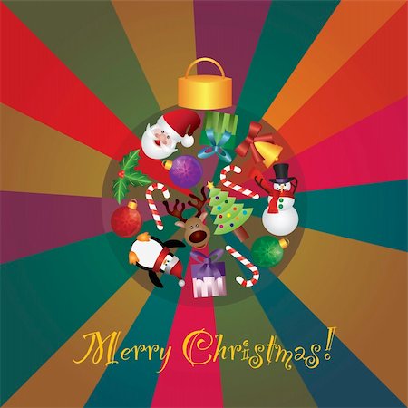simsearch:400-07107254,k - Arbre de Noël ornements Collage avec Rennes Penguin Snowman Candy Cane Holly et présente sur les rayons colorés fond Illustration Photographie de stock - Aubaine LD & Abonnement, Code: 400-06421560