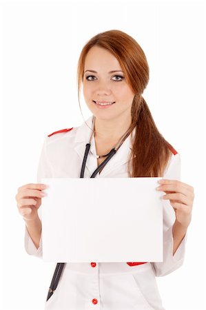 empty doctors uniform - Female doctor holding blank card. Isolated over white background Stock Photo - Budget Royalty-Free & Subscription, Code: 400-06421907