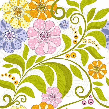 Bright spring seamless pattern with green branch and flowers (vector) Foto de stock - Super Valor sin royalties y Suscripción, Código: 400-06422014