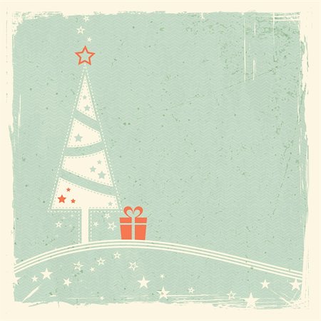 Illustration of a stylized Christmas tree with present on top of wavy lines with stars on pale green textured grunge background. Space for your text. Stock Photo - Budget Royalty-Free & Subscription, Code: 400-06422162