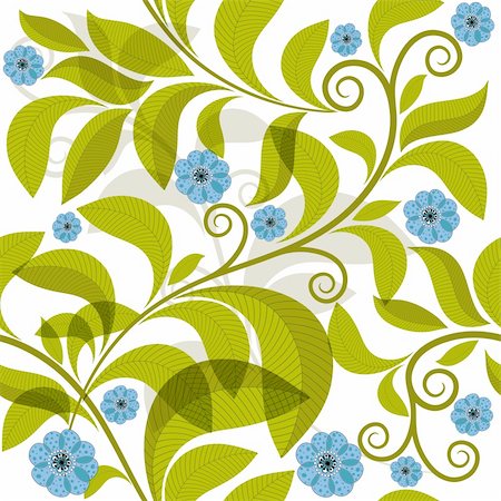 Vivid seamless pattern with green branch and blue flowers (vector EPS 10) Foto de stock - Super Valor sin royalties y Suscripción, Código: 400-06422275