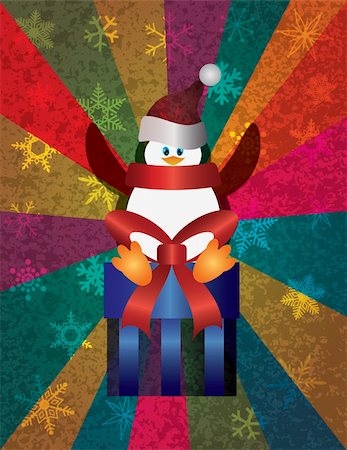 simsearch:400-07218423,k - Weihnachts-Pinguin sitzend auf Gegenwart mit Schneeflocken und bunte Strahlen Texture Background Illustration Stockbilder - Microstock & Abonnement, Bildnummer: 400-06422348