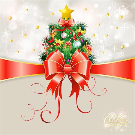 ribbon for greeting card - Christmas Greeting Card with Christmas Tree and Bow, vector illustration Stock Photo - Budget Royalty-Free & Subscription, Code: 400-06422464