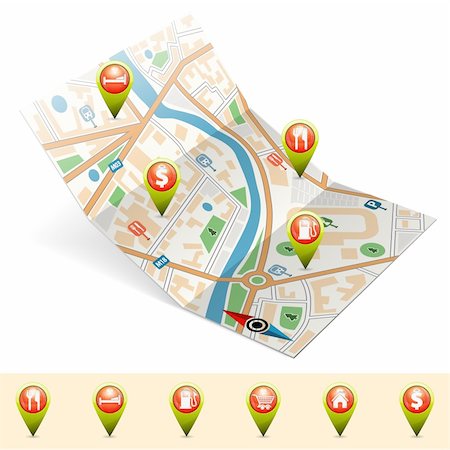 Map with Set Pointers, GPS Navigation Concept, vector illustration Foto de stock - Super Valor sin royalties y Suscripción, Código: 400-06422491