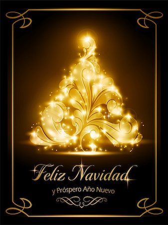 Warmly sparkling Christmas tree light effects on dark brown background with the text "Feliz Navidad y Próspero Año Nuevo", Spanish for "Merry Christmas and a Happy New Year". Stock Photo - Budget Royalty-Free & Subscription, Code: 400-06422844