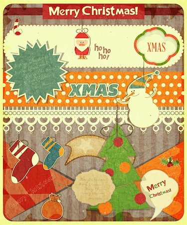 snowmen backgrounds - Old Christmas postcard with Santa Claus, snowman and Christmas decorations on a Vintage background. Vector illustration. Stock Photo - Budget Royalty-Free & Subscription, Code: 400-06423218