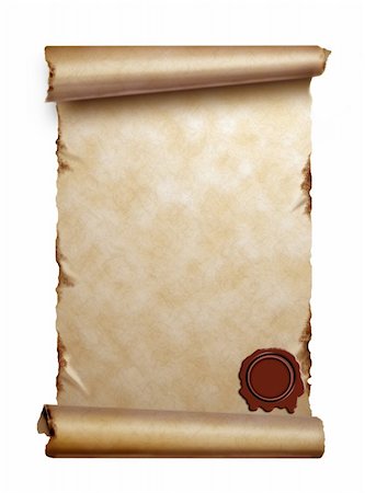 Scroll of old paper with curled edges and wax seal isolated on white Stock Photo - Budget Royalty-Free & Subscription, Code: 400-06423212