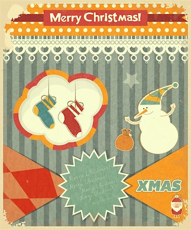 Old Christmas postcard with snowman and Christmas socks on a Vintage background. Vector illustration. Fotografie stock - Microstock e Abbonamento, Codice: 400-06423268
