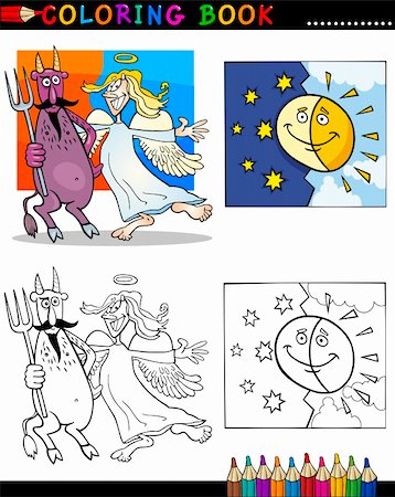 sun halo - Livre de coloriage ou une Illustration de la Page caricature du diable et l'ange avec le soleil et la lune caractères Photographie de stock - Aubaine LD & Abonnement, Code: 400-06423276