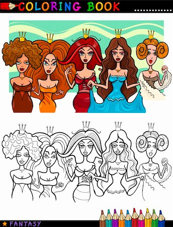 simsearch:400-07486756,k - Coloring Book or Page Cartoon Illustration of Five Princesses or Queens Fairytale Characters Stock Photo - Budget Royalty-Free & Subscription, Code: 400-06423278
