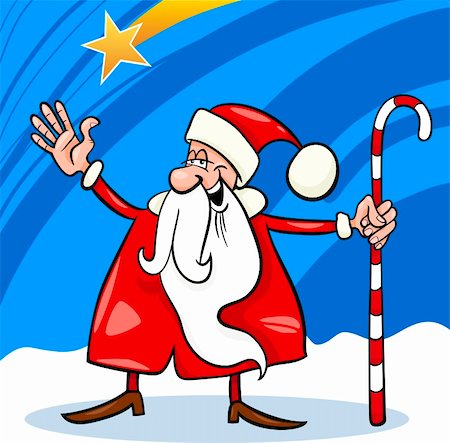 simsearch:400-07062650,k - Cartoon Illustration of Funny Santa Claus or Papa Noel with Cane against Sky and Christmas Star Fotografie stock - Microstock e Abbonamento, Codice: 400-06423298