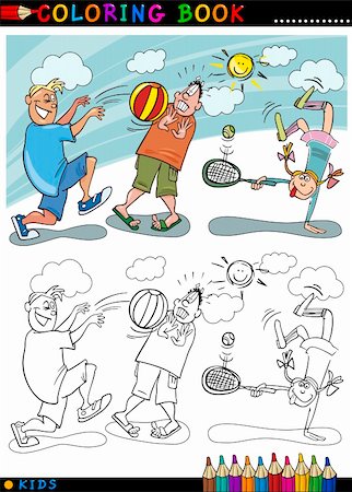 Livre de coloriage ou Page Cartoon Illustration des garçons jouant le ballon et petite fille jouant au Tennis Photographie de stock - Aubaine LD & Abonnement, Code: 400-06423291