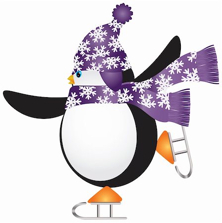 simsearch:400-07218423,k - Weihnachts-Pinguin mit lila Hut und Schal Ice Skating Abbildung Stockbilder - Microstock & Abonnement, Bildnummer: 400-06423324