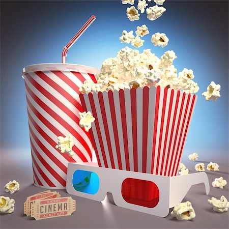 Popcorn, soda, 3D glasses and movie tickets, ready for the film. Stock Photo - Budget Royalty-Free & Subscription, Code: 400-06423479
