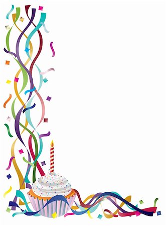 simsearch:400-06423540,k - Gâteau d'anniversaire avec des rubans colorés et confettis frontière fond Illustration Photographie de stock - Aubaine LD & Abonnement, Code: 400-06423538