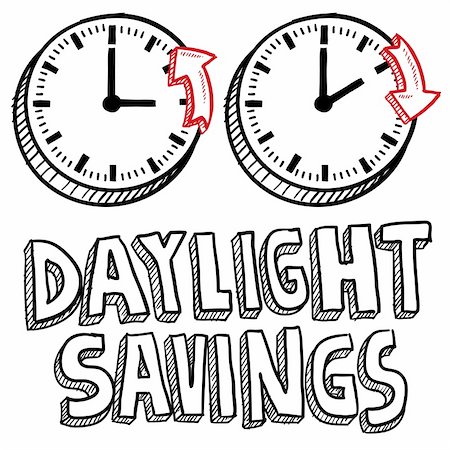Doodle style illustration of Daylight Savings Time, including clocks moving forward and backwards to illustrate the time change. Vector format. Fotografie stock - Microstock e Abbonamento, Codice: 400-06423879