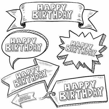 Doodle style Happy Birthday message tags, labels, banners and arrows in vector format. Can be used as an overlay, as background, or for a sticker effect on web or print materials. Fotografie stock - Microstock e Abbonamento, Codice: 400-06423887
