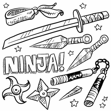 Doodle style illustration of ninja weapons including throwing knives, katana, shuriken, and nunchaku. Vector format. Stock Photo - Budget Royalty-Free & Subscription, Code: 400-06423893
