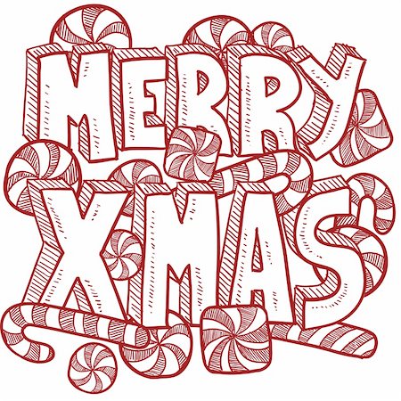 Doodle style Merry Xmas or Christmas message background with text and candy canes and peppermints.  Vector format. Fotografie stock - Microstock e Abbonamento, Codice: 400-06430324
