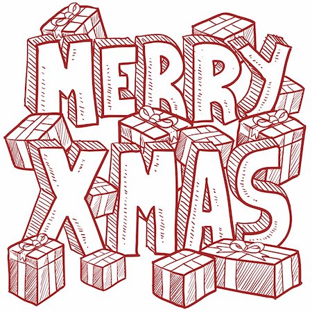 drawing of christmas gift wraps - Doodle style Merry Xmas or Christmas message illustration with text and holiday presents.  Vector format. Stock Photo - Budget Royalty-Free & Subscription, Code: 400-06430325