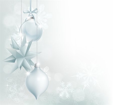 A blue and silver snowflake and Christmas bauble decoration background with hanging ornaments, abstract snowflakes and bokeh Stock Photo - Budget Royalty-Free & Subscription, Code: 400-06430387