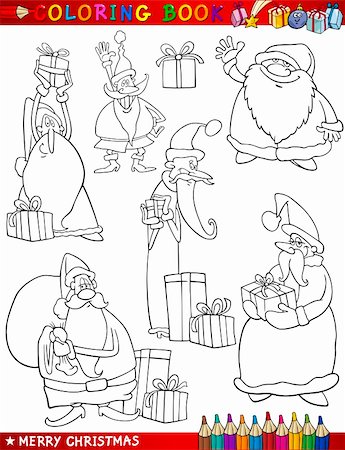 Livre de coloriage ou Page Cartoon Illustration d'ensemble des thèmes de Noël avec le père Noël ou Papa Noel et cadeaux de Noël et décorations pour enfants Photographie de stock - Aubaine LD & Abonnement, Code: 400-06430522
