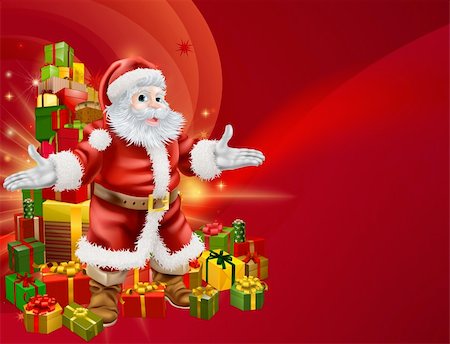 father cartoon - Père Noël rouge et une pile de présente fond avec beaucoup de fond pour vous texte sur la droite. Photographie de stock - Aubaine LD & Abonnement, Code: 400-06430610