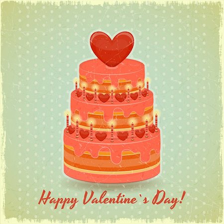 Valentines Cake with Sweet Hearts on Vintage Background. Vector Illustration. Stock Photo - Budget Royalty-Free & Subscription, Code: 400-06430887