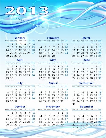 digital numerals background - 2013 year calendar. Vector illustration on blue background Foto de stock - Super Valor sin royalties y Suscripción, Código: 400-06431050