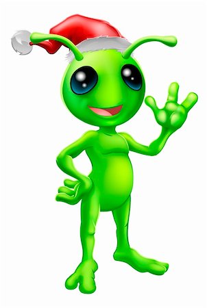 funny aliens - Illustration of a cute cartoon little green man alien mascot with Santa hat Christmas outfit smiling and waving Stock Photo - Budget Royalty-Free & Subscription, Code: 400-06431095