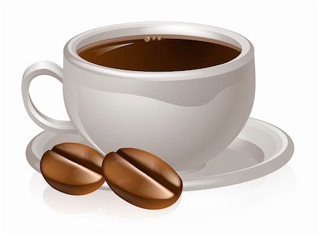 Illustration of a cup of coffee and coffee beans with white coffee cup and saucer Stock Photo - Budget Royalty-Free & Subscription, Code: 400-06431096